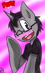 Size: 350x560 | Tagged: safe, artist:rhueniea-the-echidna, anime, glasses, gradient background, markiplier, ponified, warfstache