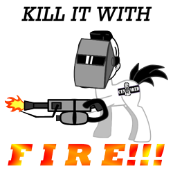 Size: 550x550 | Tagged: safe, artist:salted pingas, oc, oc only, oc:salted pingas, flamethrower, kill it with fire, meme, simple background, solo, text, transparent background, weapon, welding mask