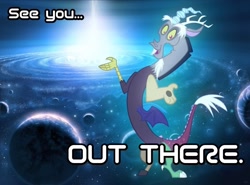 Size: 1024x759 | Tagged: safe, artist:antifan-real, edit, discord, draconequus, all good things, disqord, finale, photoshop, planet, q, quote, solo, star trek, universe, voice actor joke