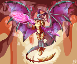 Size: 1500x1250 | Tagged: safe, artist:ogaraorcynder, dragon lord ember, princess ember, anthro, dragon, armor, bloodstone scepter, breasts, female, flying, princess embreast, solo, staff