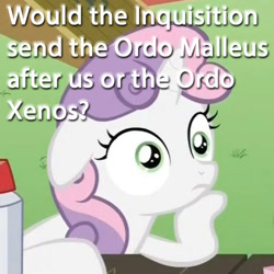 Size: 500x500 | Tagged: safe, sweetie belle, pony, unicorn, exploitable meme, female, filly, horn, image macro, inquisition, meme, solo, sudden clarity sweetie belle, text, two toned mane, warhammer (game), warhammer 40k, white coat, wide eyes