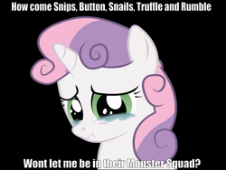 Size: 2048x1536 | Tagged: safe, sweetie belle, caption, image macro, meme, monster squad, simple background, solo