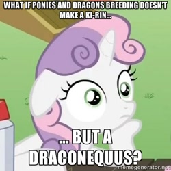 Size: 500x500 | Tagged: safe, sweetie belle, draconequus, pony, unicorn, exploitable meme, female, filly, horn, image macro, meme, solo, sudden clarity sweetie belle, text, two toned mane, white coat, wide eyes