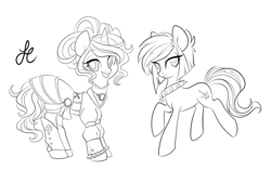 Size: 783x493 | Tagged: safe, artist:lolopan, oc, oc only, oc:spring, oc:zero gravity, earth pony, pony, unicorn, commission, female, lineart, mare, monochrome, sketch, steampunk