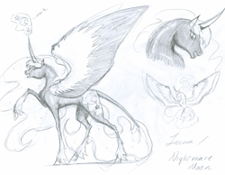 Size: 3229x2504 | Tagged: safe, artist:phantomnova189, nightmare moon, monochrome, solo, traditional art