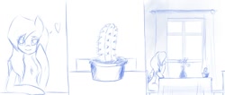 Size: 1212x512 | Tagged: safe, artist:linacurry, pegasus, pony, bedroom eyes, cactus, comic, female, heart, mare, monochrome, solo, window