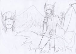 Size: 3504x2504 | Tagged: safe, artist:t.w.c.b.c, discord, human, horned humanization, humanized, monochrome, pixiv, solo, traditional art, winged humanization