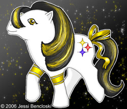 Size: 650x561 | Tagged: safe, artist:benwhoski, g1, american football, nfl, pittsburgh steelers, ponified, tail bow