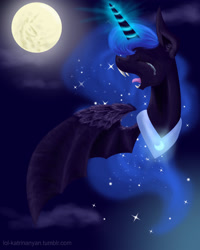 Size: 2000x2500 | Tagged: safe, artist:lol-katrina, nightmare moon, crying, ear fluff, fangs, magic, moon, sharp teeth, solo