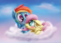 Size: 900x636 | Tagged: safe, artist:tarripup, fluttershy, rainbow dash, pegasus, pony, blushing, cloud, cloudy, female, filly, floppy ears, flutterdash, lesbian, prone, shipping, younger