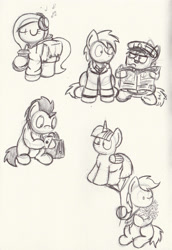 Size: 1671x2427 | Tagged: safe, artist:bobthedalek, twilight sparkle, twilight sparkle (alicorn), alicorn, pony, balloon, clothes, female, flower, hat, headphones, hoodie, mare, monochrome, ponified, saddle bag