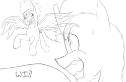 Size: 1920x1253 | Tagged: safe, artist:thethunderpony, soarin', thunderlane, pegasus, pony, angry, duo, flying, male, monochrome, stallion, sweatdrop, teeth, wip, yelling