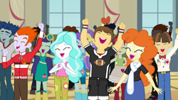 Size: 1920x1080 | Tagged: safe, screencap, aqua blossom, blueberry cake, curly winds, golden hazel, heath burns, paisley, rose heart, some blue guy, teddy t. touchdown, wiz kid, equestria girls, equestria girls (movie), background human, cheering, clothes, eyes closed, female, male