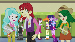 Size: 1920x1080 | Tagged: safe, screencap, crimson napalm, nolan north, paisley, scribble dee, spike, sweet leaf, velvet sky, dog, equestria girls, background human, book, laughing, notebook, school, spike the dog