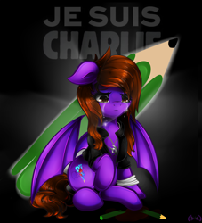 Size: 2000x2200 | Tagged: safe, artist:thetarkaana, oc, oc only, pony, charlie hebdo, crying, female, french, je suis charlie, mare, pencil, sad, solo