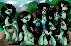 Size: 1205x783 | Tagged: safe, artist:ponygoddess, oc, oc only, oc:sappho, equestria girls, g1, g2, g3, g3.5, my little pony 'n friends, my little pony tales, bedroom eyes, cutie mark, earring, equestria girls-ified, floppy ears, g1 to g4, g4 to g1, g4 to g2, g4 to g3, g4 to g3.5, generation leap, generational ponidox, generations, gritted teeth, hair over one eye, looking at you, looking back, looking back at you, one eye closed, open mouth, self ponidox, smiling, smiling at you, watermark, wink