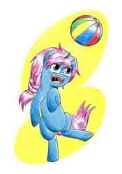 Size: 1000x1430 | Tagged: safe, artist:mornincloud, oc, oc only, oc:seline, azuna, beach ball, female, filly, offspring, parent:oc:azure night, parent:princess luna, parents:azuna, parents:canon x oc, solo