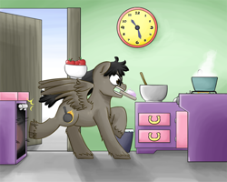 Size: 1200x961 | Tagged: safe, artist:mornincloud, oc, oc only, oc:chocorralta, clock, kitchen, mouth hold, oven