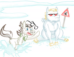 Size: 1650x1275 | Tagged: safe, artist:redanon, bulk biceps, gizmo, ice, sign, snow