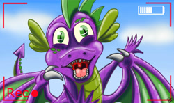 Size: 5906x3508 | Tagged: safe, artist:dinodraketakethecake, spike, dragon, derp, looking at you, older, older spike, open mouth, recording, sharp teeth, smiling, solo, uvula, wings