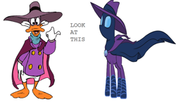 Size: 900x531 | Tagged: safe, derpibooru import, mare do well, copycat, darkwing duck, text