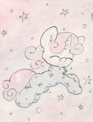 Size: 684x893 | Tagged: safe, artist:slightlyshade, sweetie belle, clothes, footed sleeper, pajamas, sleeping, solo, traditional art