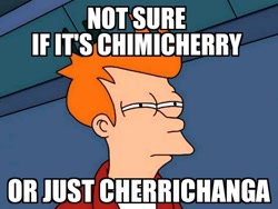 Size: 552x414 | Tagged: safe, the last roundup, barely pony related, cherrychanga, chimicherry, chimicherrychanga, exploitable meme, futurama, lesser of two evils, meme, memegenerator, not sure if, philip j. fry