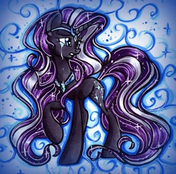 Size: 1464x1452 | Tagged: safe, artist:frostykat13, nightmare rarity, crying, looking back, raised hoof, solo, traditional art