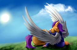 Size: 1111x719 | Tagged: safe, artist:xormak, scootaloo, oc, oc:mason, human, clothes, eyes closed, happy face, hug, human in equestria, shipping, sitting, smiling, sun, winged human