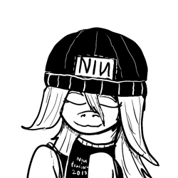 Size: 800x800 | Tagged: safe, artist:silence, oc, oc only, oc:mel, beanie, black and white, clothes, fangirl, fangirling, hat, monochrome, nine inch nails, simple background, solo, tulpa, white background