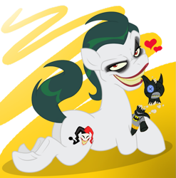 Size: 889x898 | Tagged: safe, artist:icelion87, pony, batman, bedroom eyes, grin, heart, looking at you, looking back, mouth hold, plot, plushie, ponified, prone, raised tail, smirk, solo, sploot, the joker, underhoof