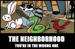 Size: 690x450 | Tagged: safe, bird, rabbit, raccoon, snake, spoiler:comic, spoiler:comic28, wrong neighborhood, you're in the wrong neighborhood