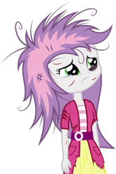 Size: 1556x2343 | Tagged: safe, artist:apony4u, sweetie belle, equestria girls, abuse, black eye, blood, clothes, cut, messy hair, simple background, solo, sweetiebuse, torn clothes, transparent background, vector