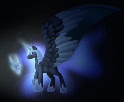 Size: 1124x922 | Tagged: safe, artist:nientje10, nightmare moon, large wings, magic, solo, spread wings, telekinesis