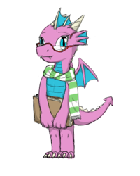 Size: 400x500 | Tagged: safe, artist:ironnails, oc, oc only, oc:saga the dragon, dragon, book, clothes, cute, glasses, old design, scarf, wings