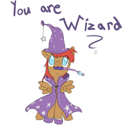 Size: 1000x1000 | Tagged: safe, artist:celerypony, oc, oc only, pegasus, pony, :3, cape, clothes, cute, hat, mouth hold, sitting, smiling, solo, stars, wand, wizard, wizard hat