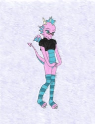 Size: 784x1020 | Tagged: safe, artist:ironnails, oc, oc only, oc:saga the dragon, anthro, dragon, anthro oc, clothes, glasses, socks, striped socks, traditional art, wings