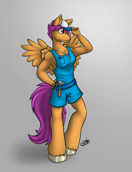 Size: 1020x1320 | Tagged: safe, artist:kiramoses, scootaloo, anthro, unguligrade anthro, baseball cap, hammer, hat, overalls, screwdriver, solo