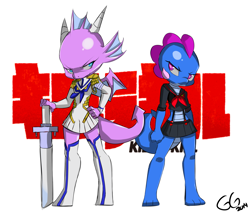 Size: 3727x3181 | Tagged: safe, artist:ironnails, oc, oc only, oc:saga the dragon, oc:sugar crisp, dragon, cosplay, kill la kill, old version, sword, wings