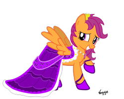 Size: 2500x2000 | Tagged: dead source, safe, artist:veggie55, scootaloo, pegasus, pony, boots, clothes, dress, female, gala dress, jewelry, mare, necklace, older, raised hoof, shoes, simple background, solo, spread wings, transparent background, wings