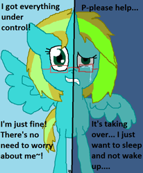 Size: 564x686 | Tagged: safe, artist:fifthcru5ader, oc, oc only, oc:fifthcru5ader, alicorn, pony, alicorn oc, biporarity, crying, depression, grin, happy, sad, smiling, solo, two sided posters