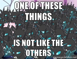 Size: 500x384 | Tagged: safe, artist:mixermike622, oc, oc only, oc:fluffle puff, changeling, image macro, meme, one of these things is not like the others