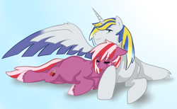 Size: 1024x632 | Tagged: safe, artist:kianamai, artist:marukouhai, oc, oc only, oc:red june, oc:valiant heart, alicorn, pony, alicorn oc, colored, cuddling, eyes closed, female, floppy ears, gradient background, kilalaverse, male, next generation, oc x oc, offspring, offspring shipping, parent:big macintosh, parent:cheerilee, parent:princess cadance, parent:shining armor, parents:cheerimac, parents:shiningcadance, pregnant, prone, shipping, smiling, snuggling, spread wings, straight, unshorn fetlocks