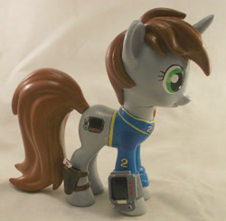 Size: 2889x2833 | Tagged: safe, artist:gryphyn-bloodheart, oc, oc only, oc:littlepip, pony, unicorn, fallout equestria, 3d print, clothes, custom, cutie mark, fanfic, female, funko, gun, handgun, hooves, horn, irl, little macintosh, mare, photo, pipbuck, revolver, solo, toy, vault suit, weapon