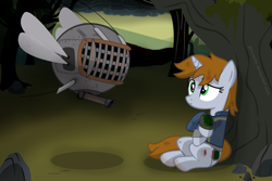 Size: 1200x800 | Tagged: safe, artist:ponyecho, oc, oc only, oc:littlepip, oc:watcher, pony, unicorn, fallout equestria, clothes, dead tree, fanfic, fanfic art, female, mare, pipbuck, scene interpretation, show accurate, spritebot, tree, vault suit, wasteland