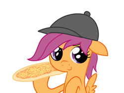 Size: 800x600 | Tagged: safe, derpibooru import, scootaloo, hat, pizza, solo