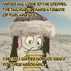 Size: 500x499 | Tagged: safe, pony, unicorn, bipedal, exploitable meme, female, filly, gradient background, hoof hold, horn, letter, meme, mongol, paper, solo, sweetie khan, sweetie's note meme, two toned hair, white coat