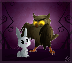 Size: 2165x1903 | Tagged: safe, artist:lolepopenon, angel bunny, owlowiscious, owl, rabbit, beak, crossed arms, duo, duo male, ear fluff, ears, glowing eyes, male, purple background, signature, simple background, talons, white coat