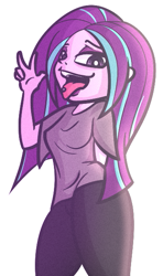 Size: 363x612 | Tagged: source needed, safe, artist:mayde-m, aria blaze, equestria girls, alternate hairstyle, loose hair, peace sign, tongue out, tongue piercing