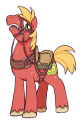 Size: 400x600 | Tagged: safe, artist:bartolomeus_, big macintosh, earth pony, pony, bit, bridle, male, open mouth, reins, saddle, solo, stallion, sweat, tack